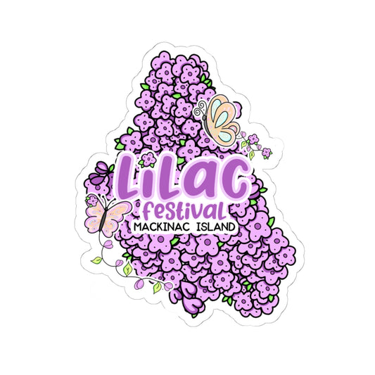 A die-cut sticker featuring a stylized illustration of purple lilac flowers, butterflies, and the text 'Lilac Festival' and 'Mackinac Island' on a white background.