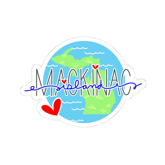 A die-cut sticker featuring a stylized map of Michigan with the word 'MACKINAC' across it, blue script reading 'islandics,' and red hearts, shown on a plain white background.