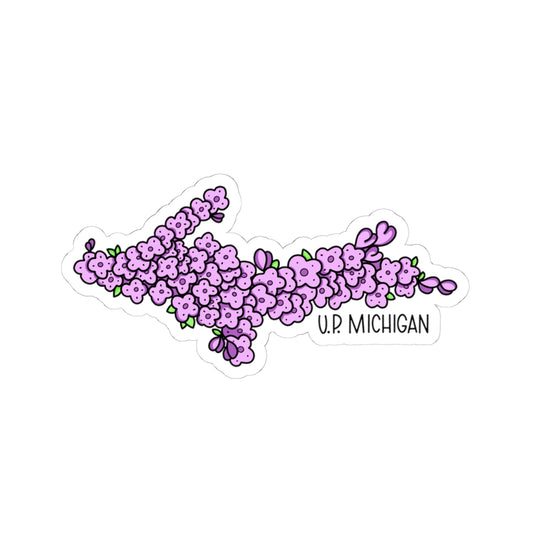 A die-cut sticker featuring a stylized map of Michigan filled with lilacs purple flowers and small green leaves, with the text 'U.P.