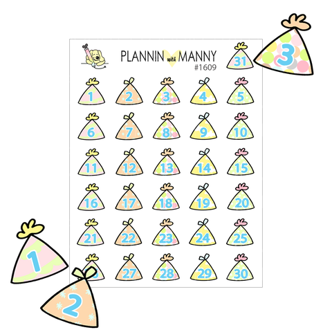 1609 Party Hat Numbers Planner Stickers