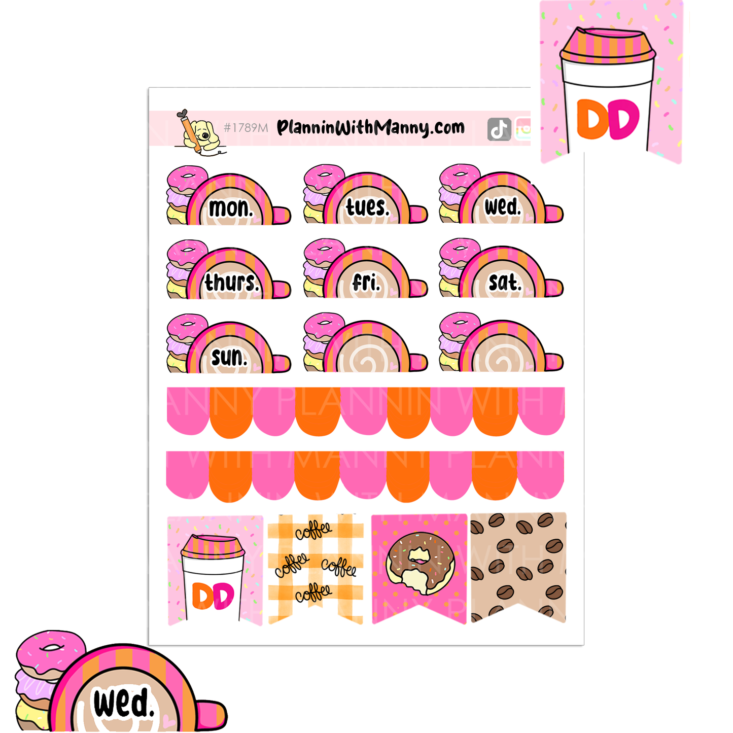 1789 Coffee Cups and Donuts Date Covers 1.5" and 1" Wide Options