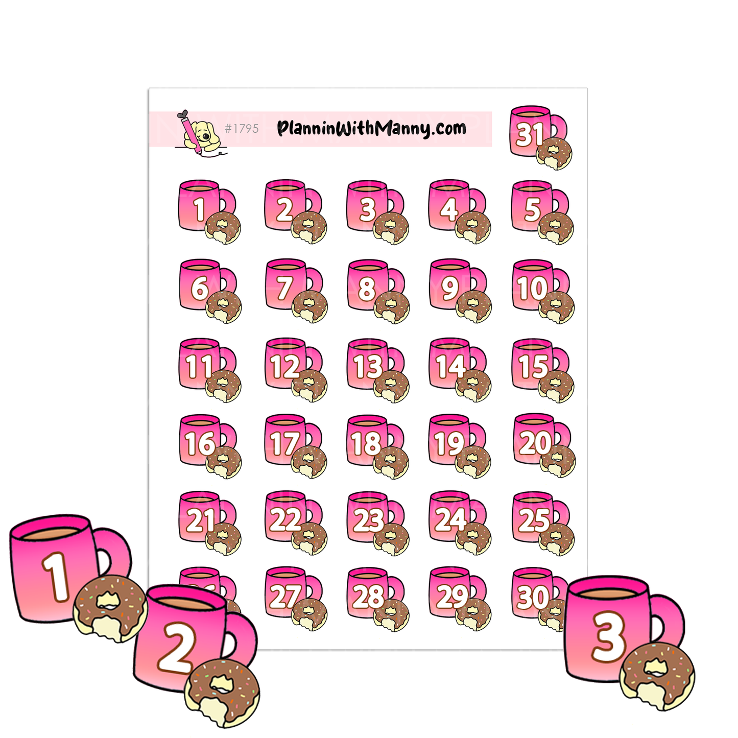 1795 Coffee Cup and Donut Number Cover Planner Sticker Sheet