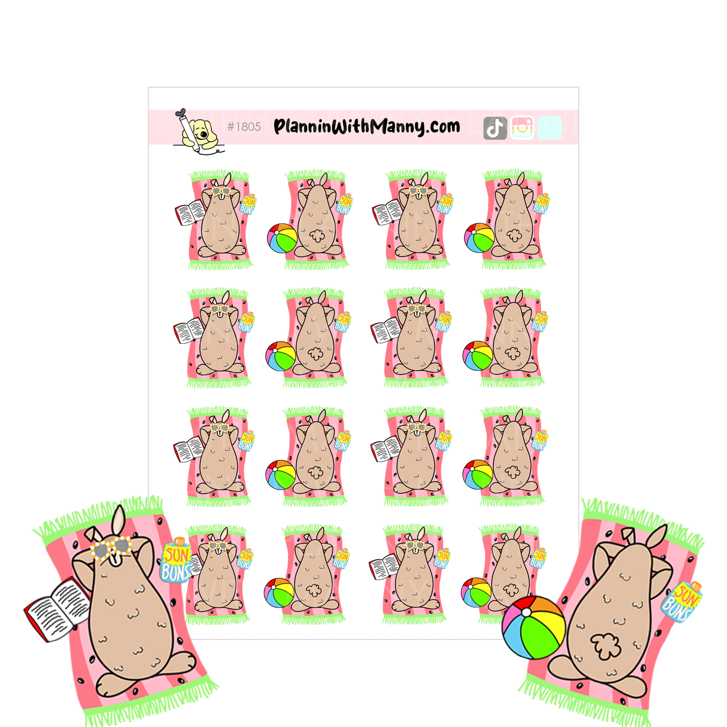 1805 Cute Beach Stickers! Grumpy is Sunnin his Buns!