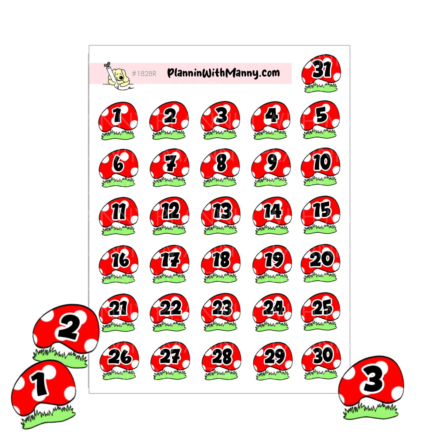 1825 Mushroom Number Planner Stickers- Red or Pastel