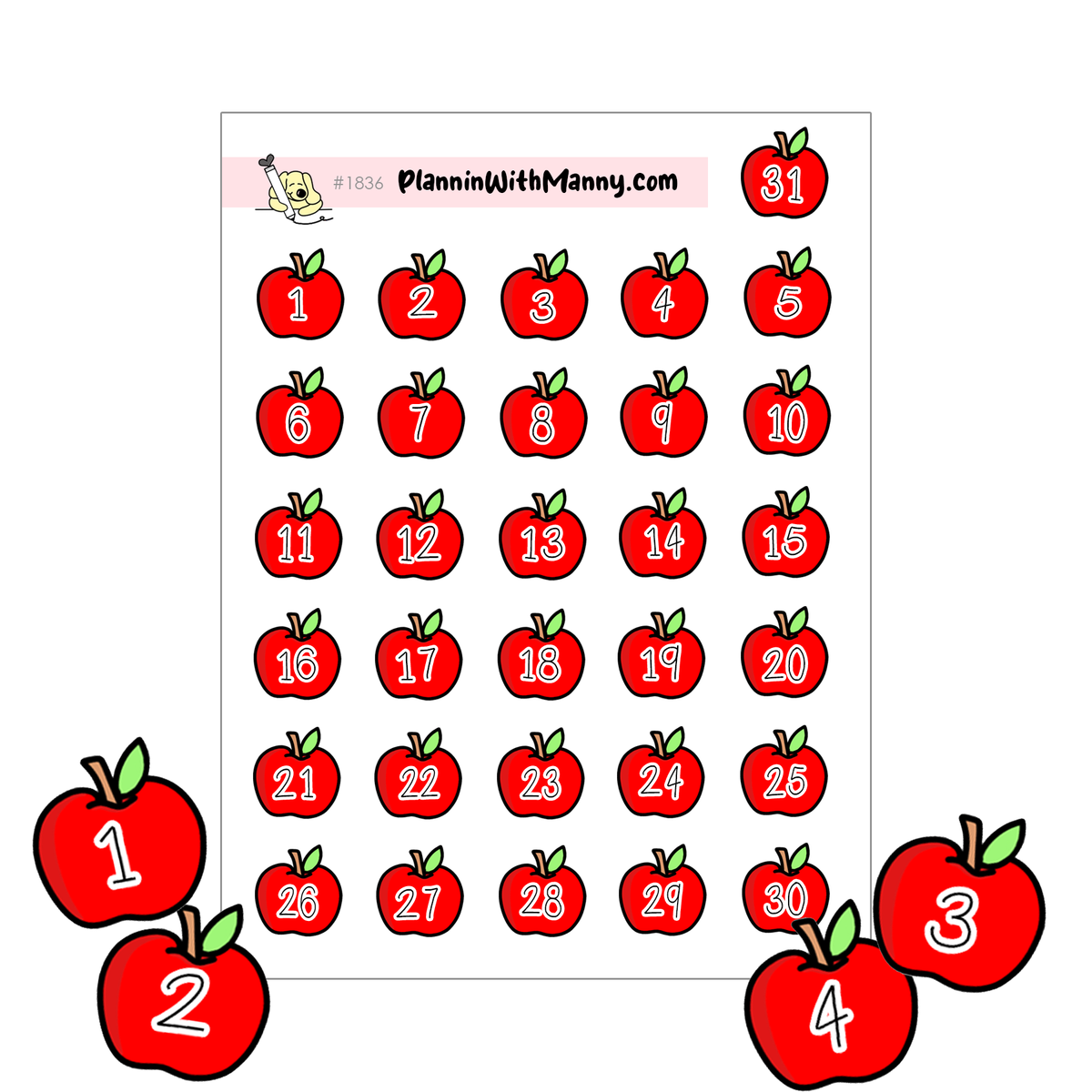 1836 Apple Number Planner Sticker Sheet