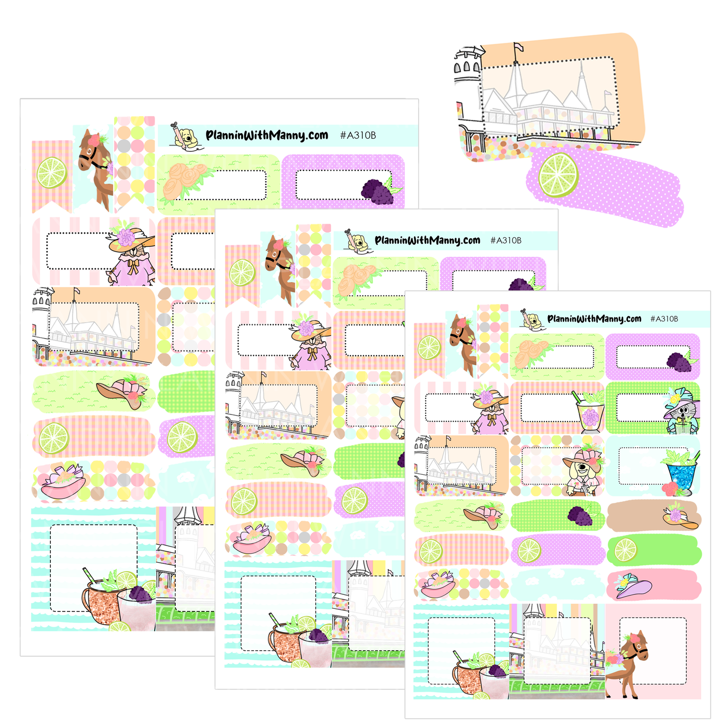 A310B Kentucky Derby Half Boxes Planner Stickers 1.5", 1.3", and 1"