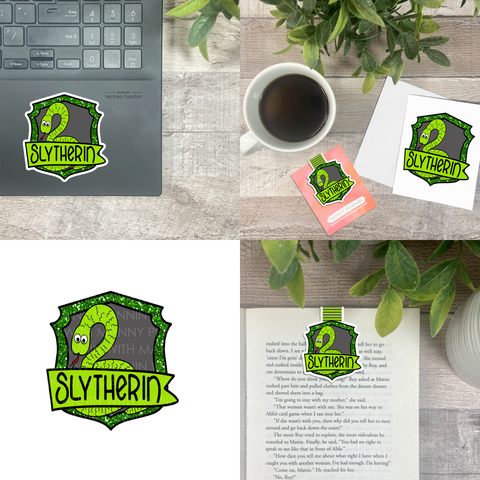 Green Wizard House Crest Vinyl Sticker, Magnetic Bookmark, & Notecard MB15
