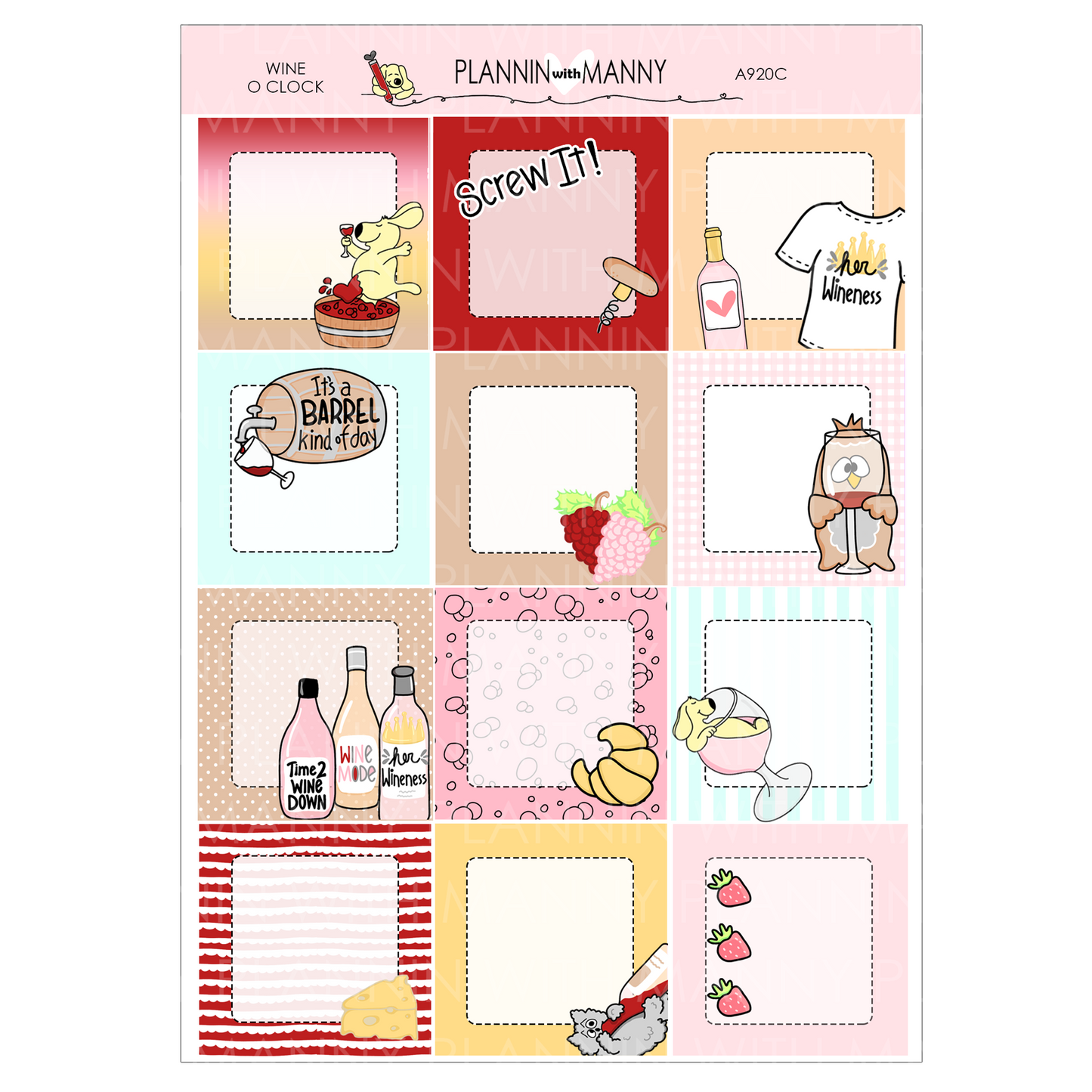 A920C Wine O Clock Doodle 1.5" Square Planner Stickers