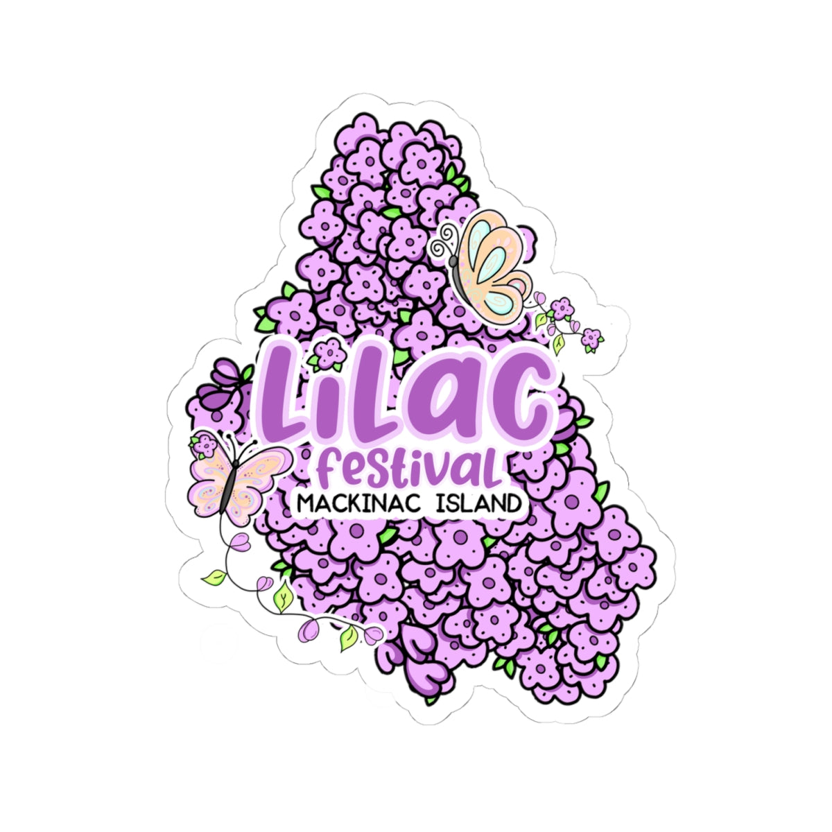 A die-cut sticker featuring a dense illustration of purple lilac flowers, green leaves, butterflies, and the text 'Lilac Festival' and 'MACKINAC ISLAND' on a white background.