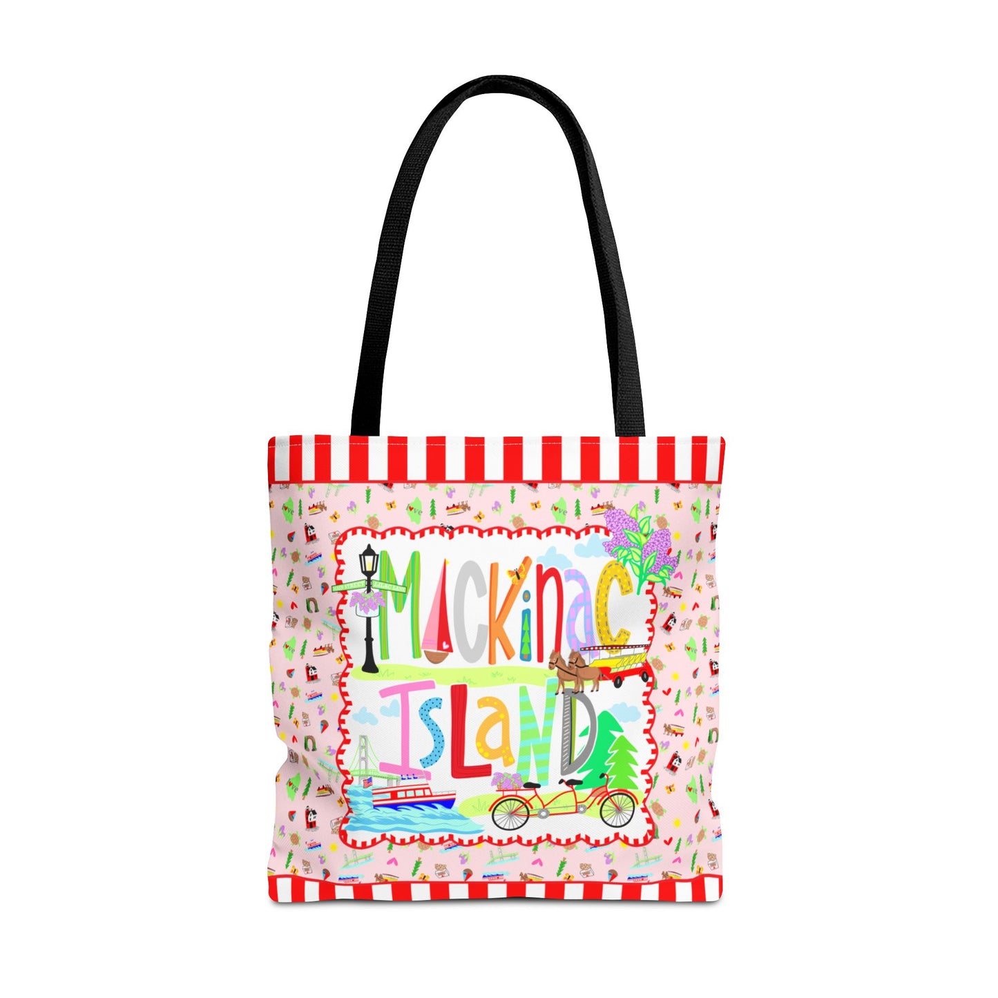 Colorful Mackinac Island tote bag with whimsical Michigan artwork featuring bicycles, horses, lilacs, ferry boat and Grand Hotel.