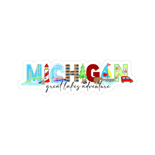 A die-cut sticker featuring the word 'MICHIGAN' in colorful, illustrated letters with small scenic details, plus the phrase 'great lakes adventure' in black script below, shown on a plain white background.