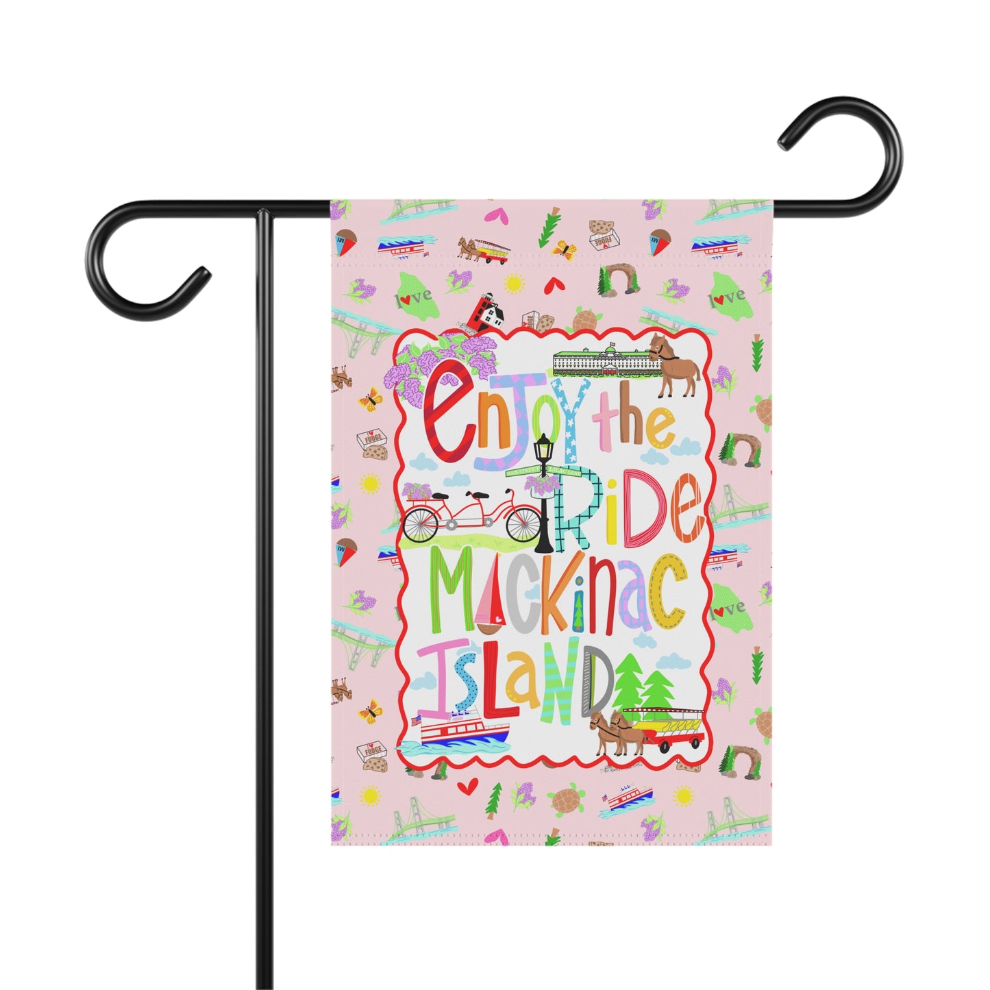 Outdoor decorative flag showcasing cheerful Mackinac Island artwork for spring, summer, or lake house décor.
