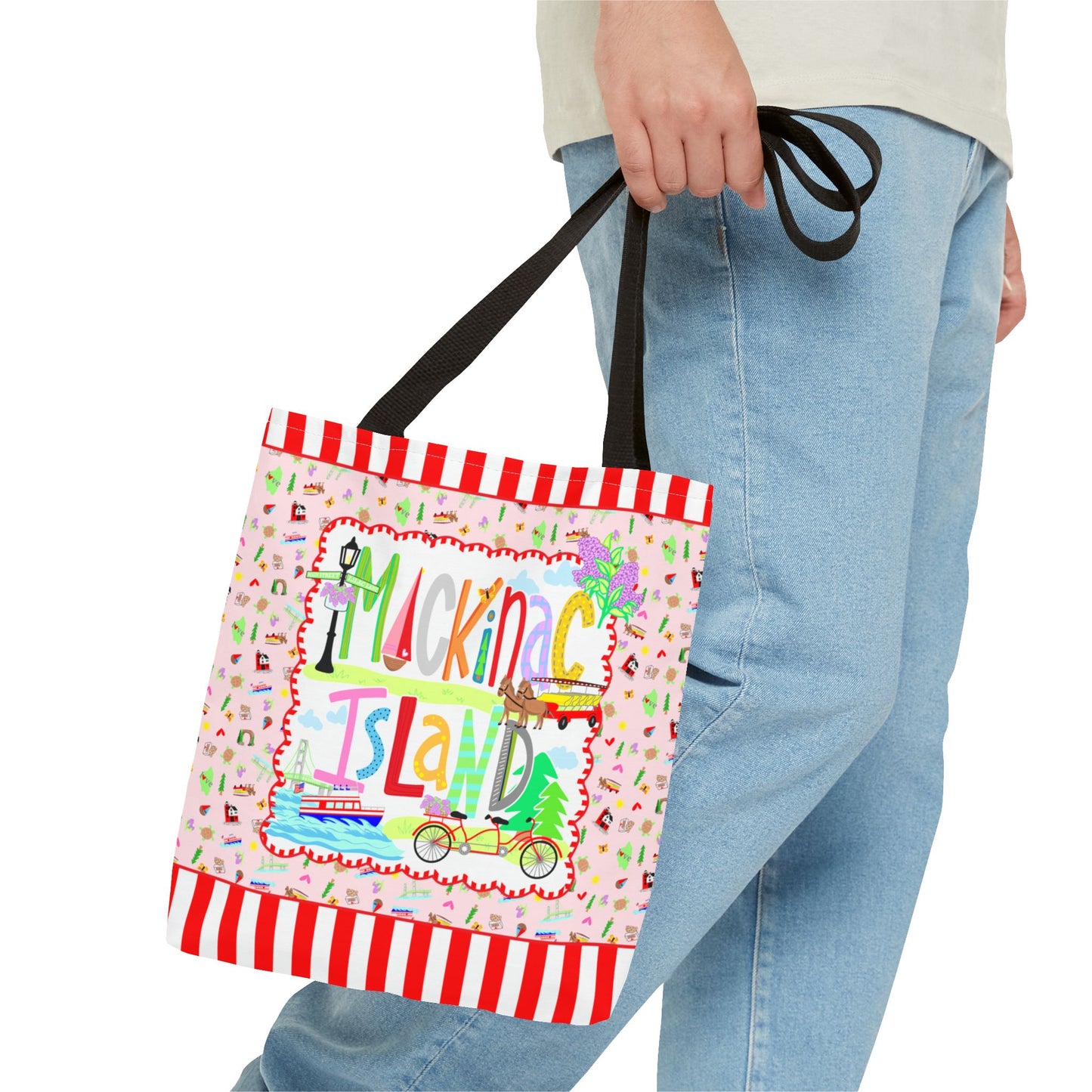 Whimsical Mackinac Island shopping tote with colorful illustrated lettering, bicycles, horses, ferry boat and Grand Hotel.