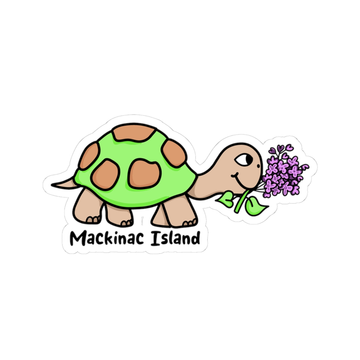 A die-cut sticker featuring a cartoon turtle with a green shell and brown spots, eating purple flowers, with the text 'Mackinac Island' below on a white background.
