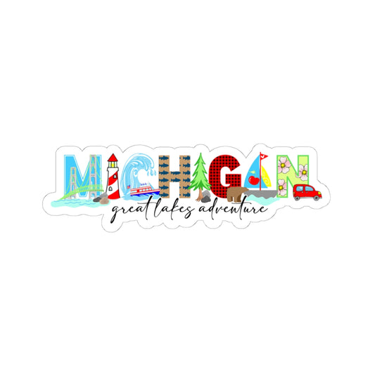 A die-cut sticker featuring the word 'MICHIGAN' in colorful, illustrated letters with small scenic details, plus the phrase 'great lakes adventure' in black script below, shown on a plain white background.