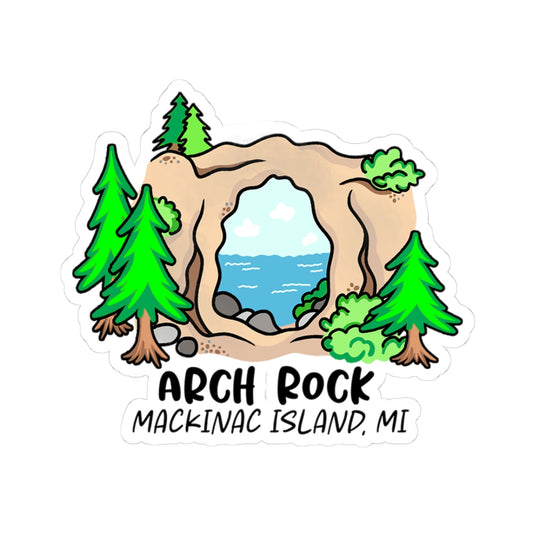 A die-cut sticker featuring a cartoon illustration of Arch Rock on Mackinac Island, Michigan. The design shows a tan rock arch with a view of blue water and sky, surrounded by green pine trees and shrubs.