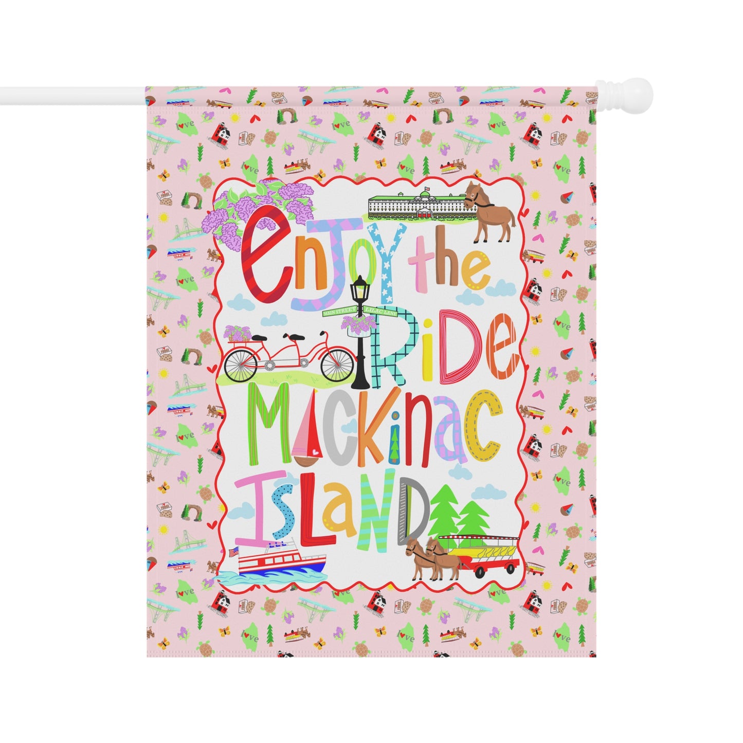 Cottage garden flag inspired by Mackinac Island's peaceful streets, lilacs, and waterfront atmosphere.