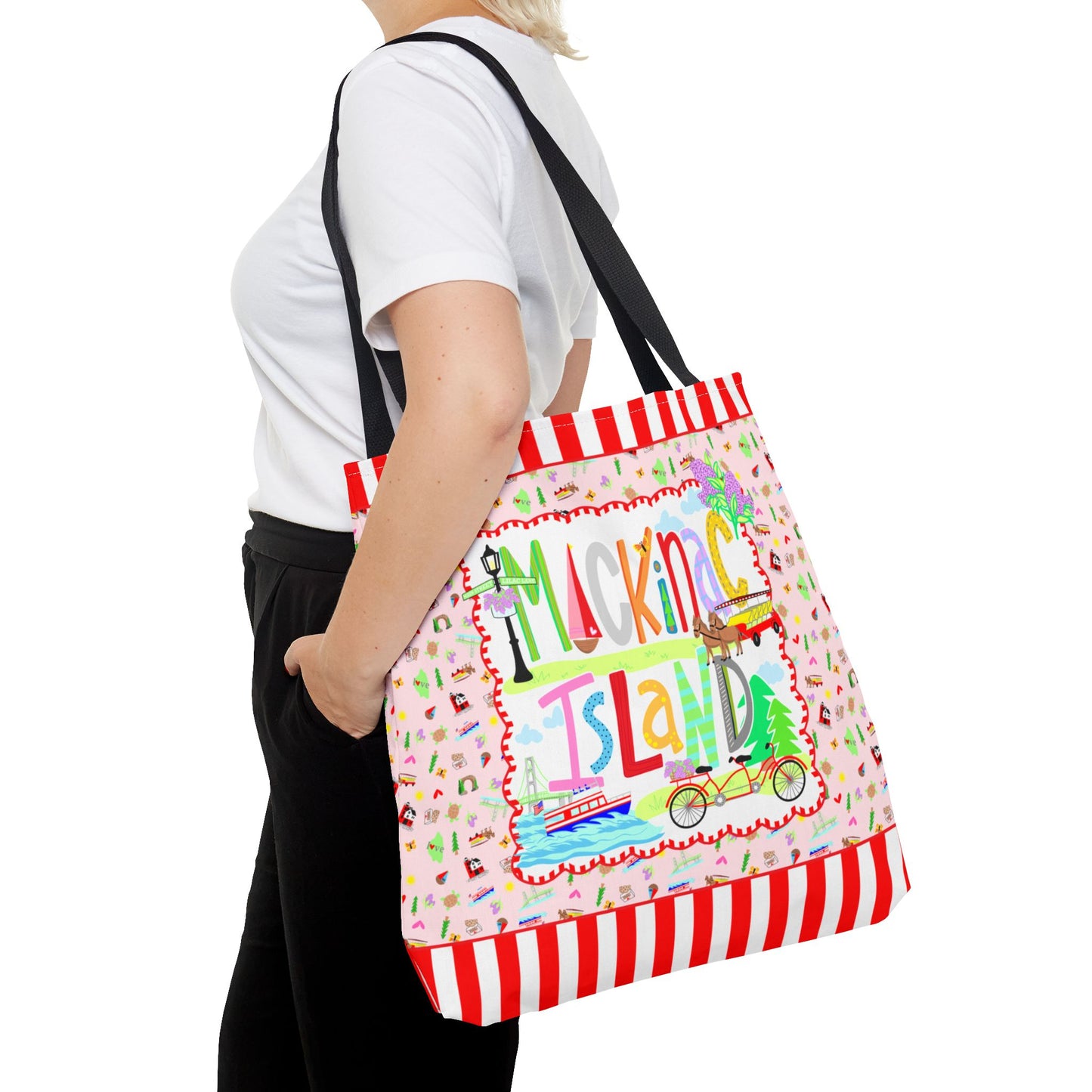 Mackinac Island canvas-style tote bag featuring original Joyful Daisy artwork inspired by Michigan's beloved island destination.