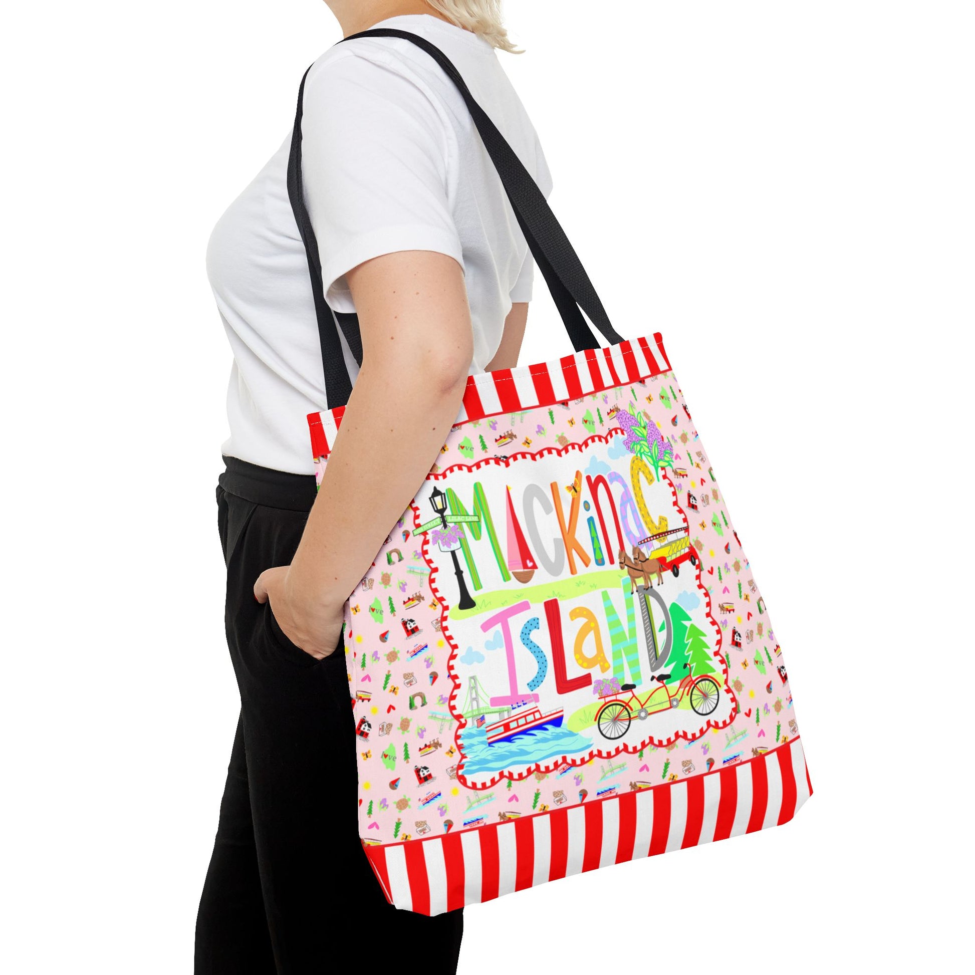 Mackinac Island canvas-style tote bag featuring original Joyful Daisy artwork inspired by Michigan's beloved island destination.