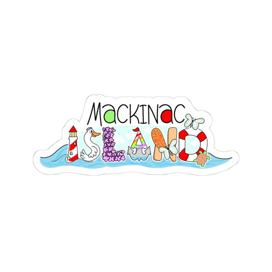 A die-cut sticker featuring the words 'MACKINAC ISLAND' in black lettering, with each letter replaced by a small nautical illustration such as a lighthouse, goose, purple grapes, sailboat, sandcastle, seagull, and life preserver, all over a light blue waterline shape on a white background.