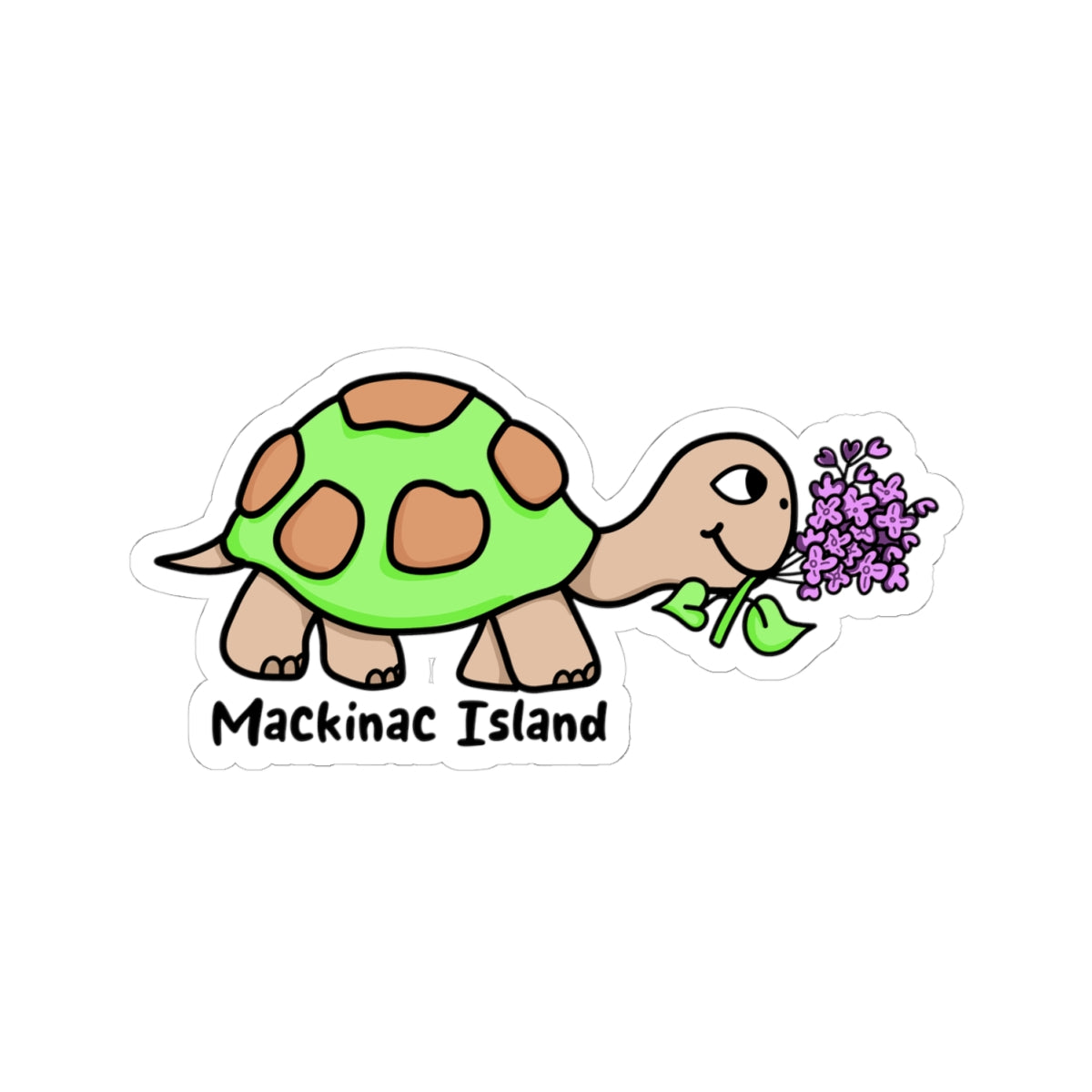 A die-cut sticker featuring a cartoon turtle with a green shell and brown spots, eating purple flowers, with the text 'Mackinac Island' below on a white background.