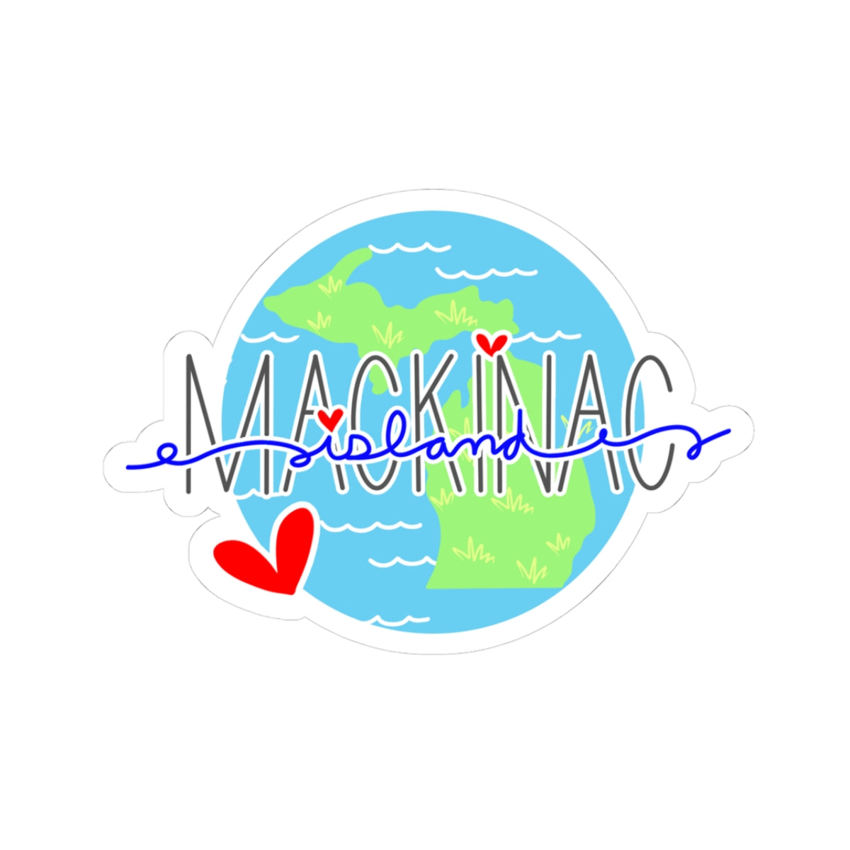 A die-cut sticker featuring a stylized map of Michigan with the word 'MACKINAC' across it, blue script reading 'islandics,' and red hearts, shown on a plain white background.
