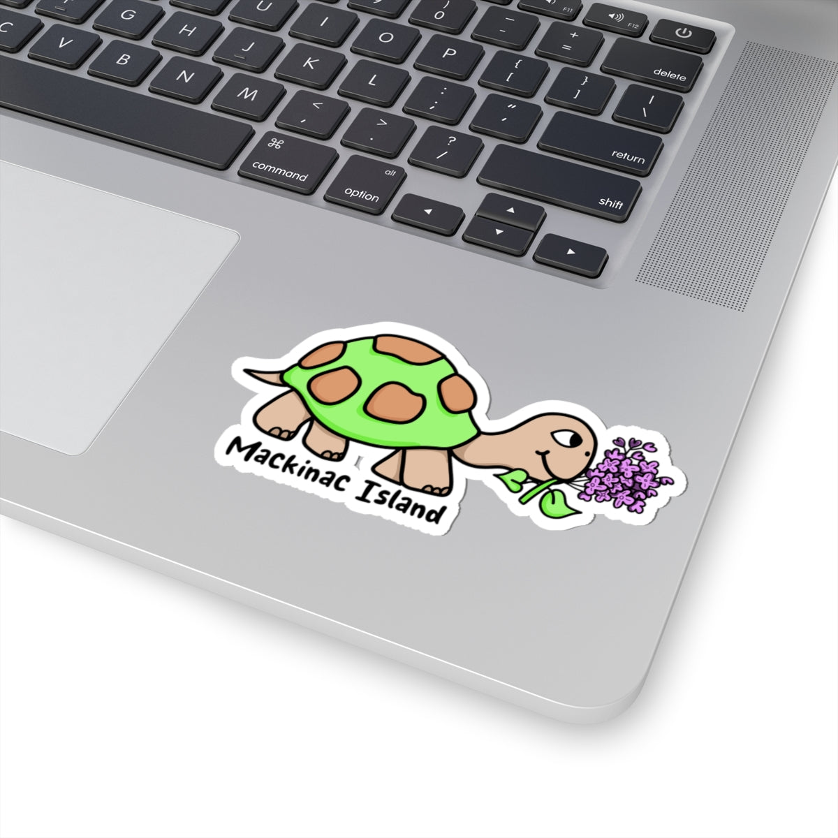 A die-cut sticker featuring a cartoon turtle with a green shell, brown spots, and purple flowers, with the text 'Mackinac Island' below it, shown applied to the corner of a silver laptop.