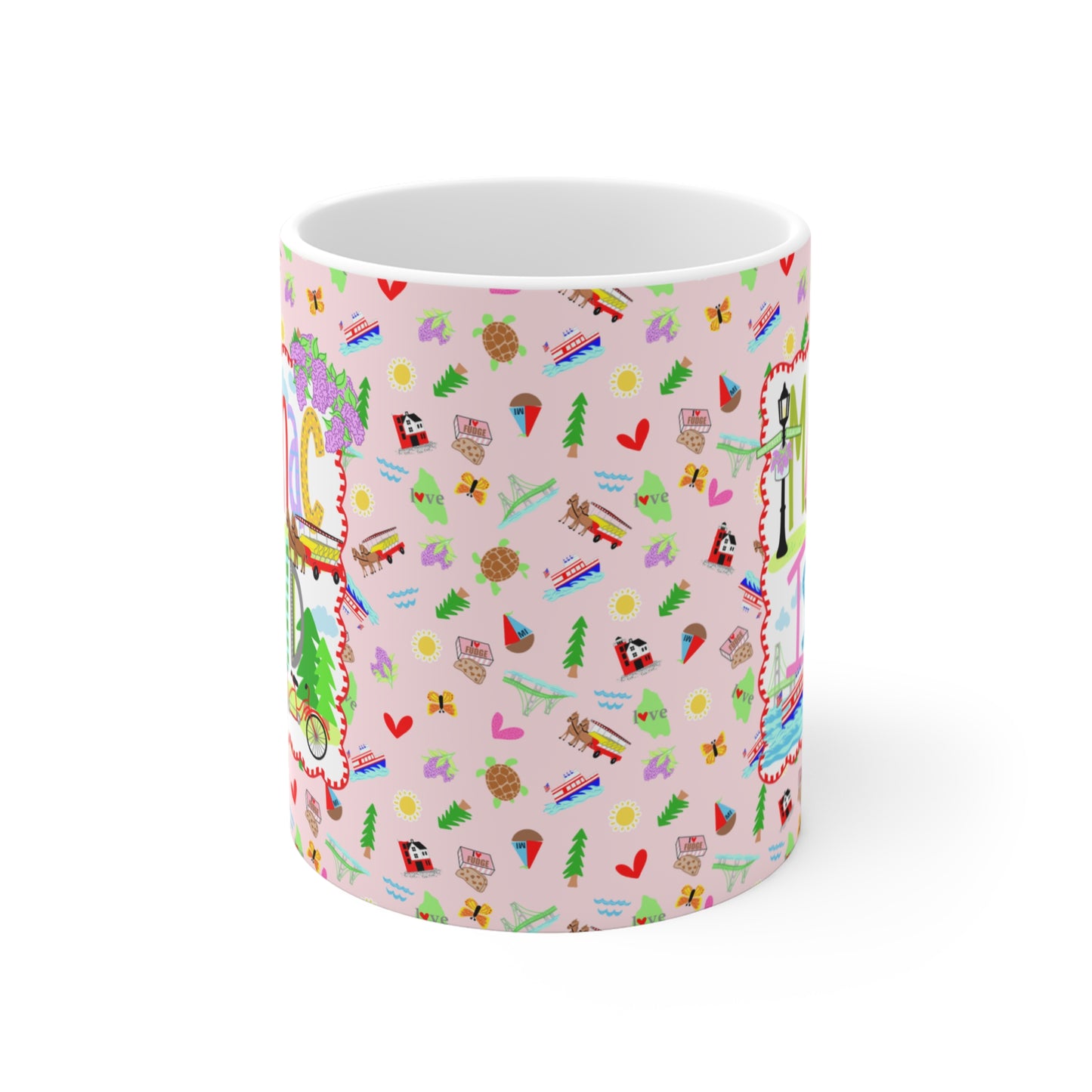 A detailed look at the artwork on the reverse side of this Mackinac Island mug. The colorful bicycle-inspired pattern wraps beautifully around the mug, creating a vibrant design from every angle. Perfect for coffee lovers, Michigan travelers, and anyone looking for a unique Mackinac Island souvenir or thoughtful gift.