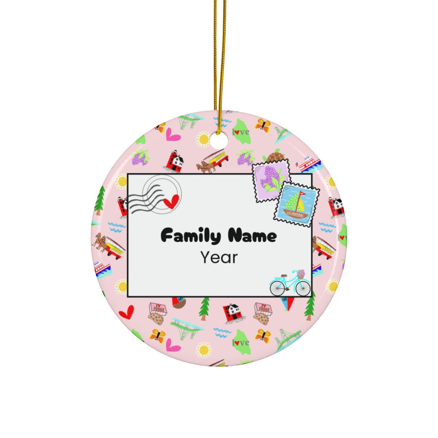 Custom Mackinac Island ornament personalized with family name and date, featuring ferries, bicycles, lilacs, and Victorian cottages.