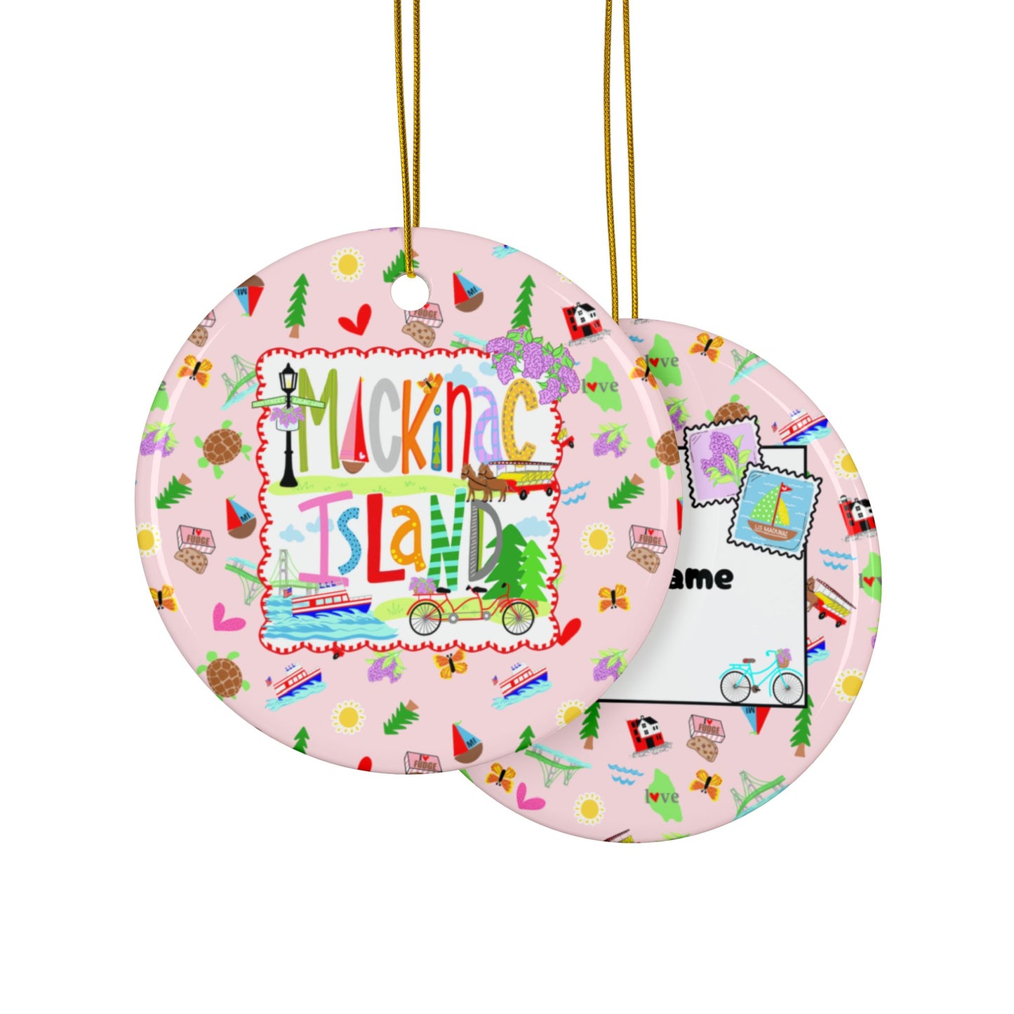 Personalized Mackinac Island ceramic Christmas ornament featuring whimsical island artwork with custom family name or wedding date
