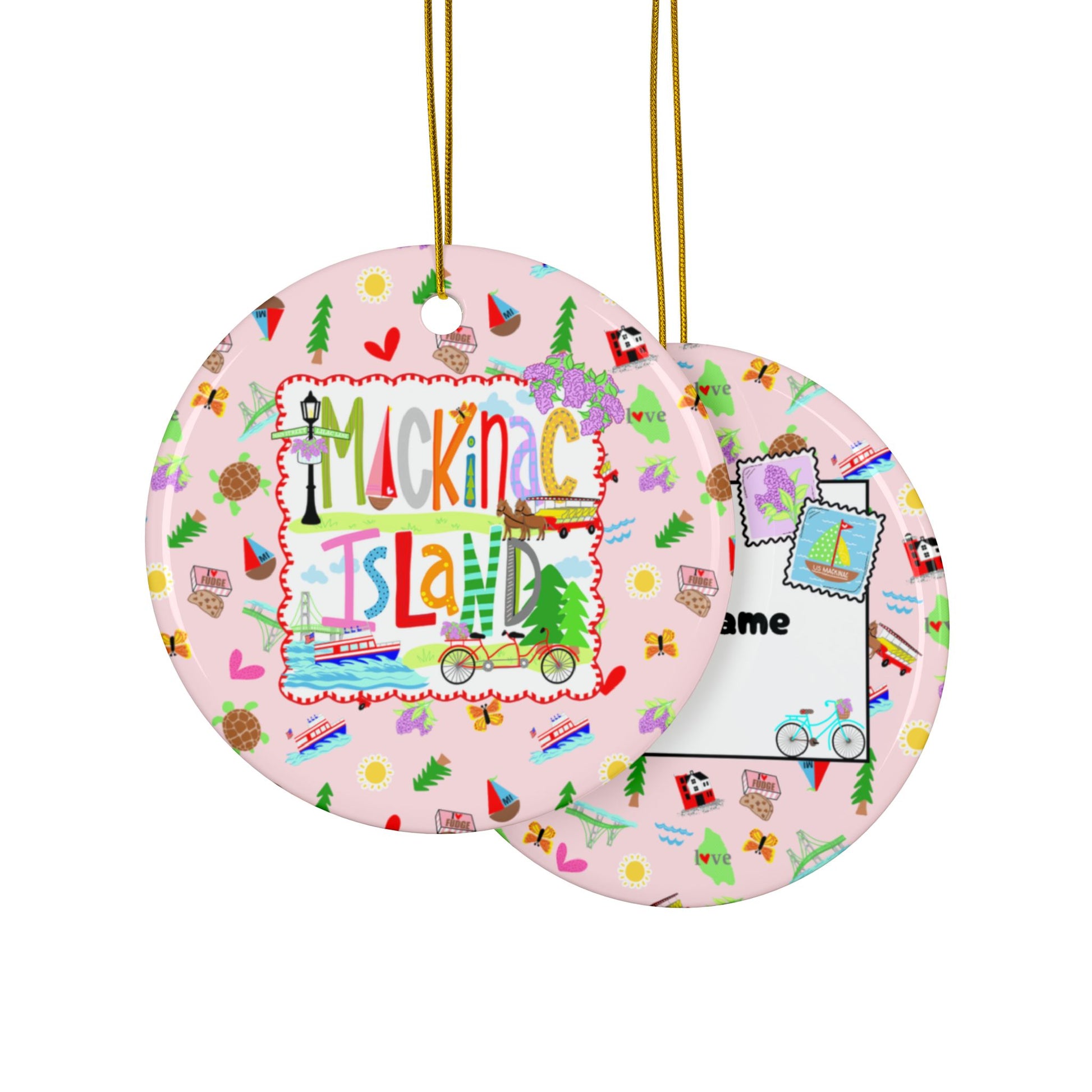 Personalized Mackinac Island ceramic Christmas ornament featuring whimsical island artwork with custom family name or wedding date
