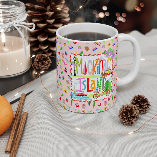Cozy up with a little Mackinac Island magic this holiday season. Displayed beside twinkling Christmas lights, this colorful ceramic mug brings warmth and festive charm to every cup of coffee, tea, or hot cocoa. A thoughtful Christmas gift for Mackinac Island lovers, Michigan travelers, and anyone who enjoys cozy winter mornings and meaningful keepsakes.
