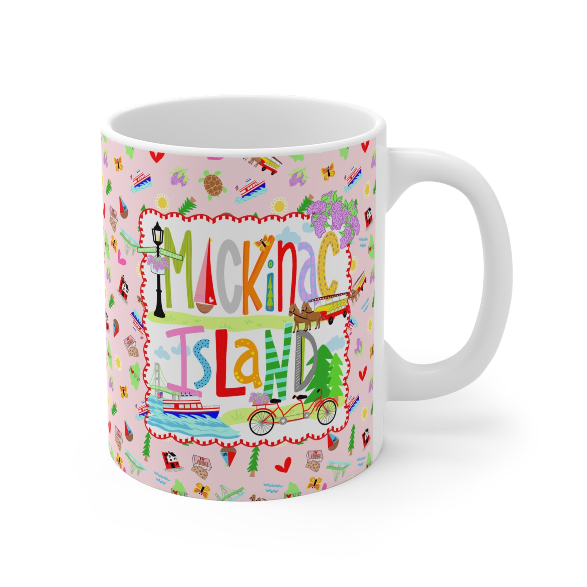 Celebrate one of Michigan's most beloved destinations with this unique Mackinac Island mug. The colorful design captures the island's iconic bicycle culture, making it an everyday reminder of peaceful rides, fudge shops, and waterfront memories.