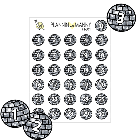 1601 Disco Ball Numbers Planner Stickers