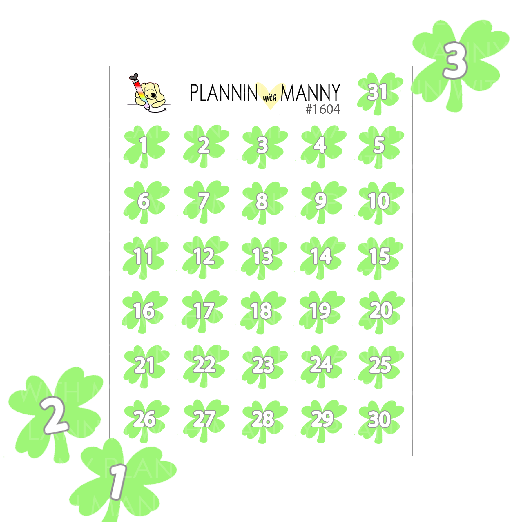 1604 Lucky Clover Numbers Planner Stickers