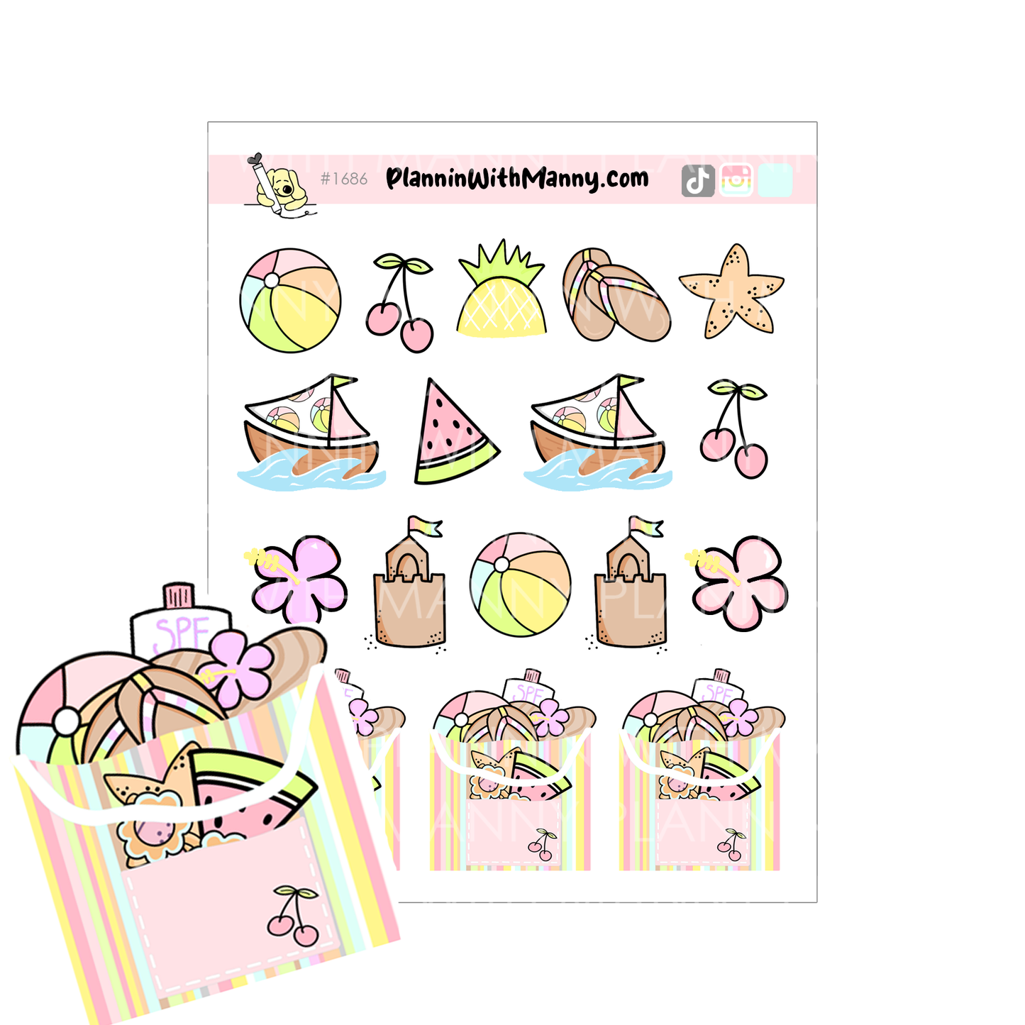 Beach Vibes Planner Sticker Sheet Set and Beach Tote Pocket