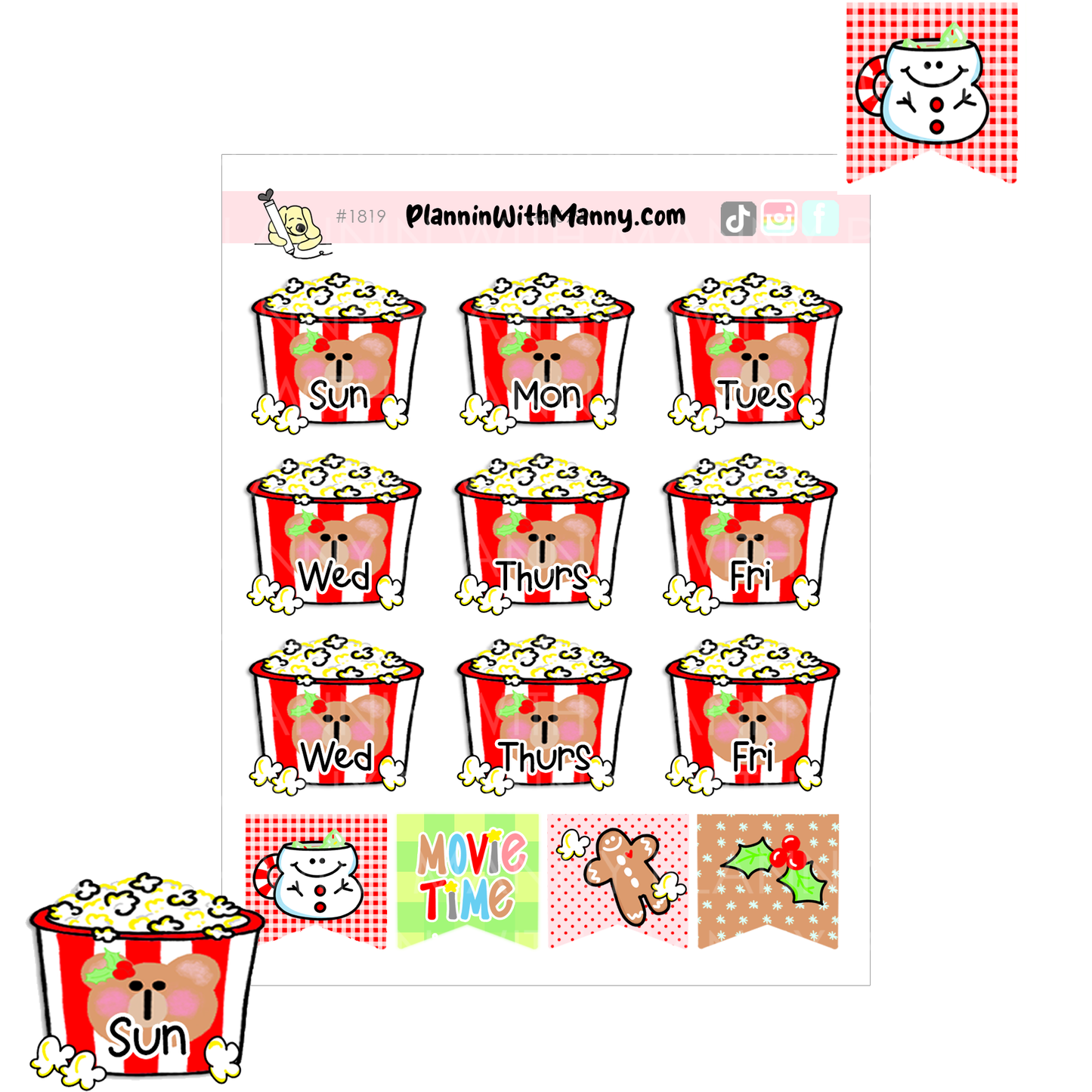 1819 Popcorn Date Cover Planner Stickers 1.5" & 1" Wide