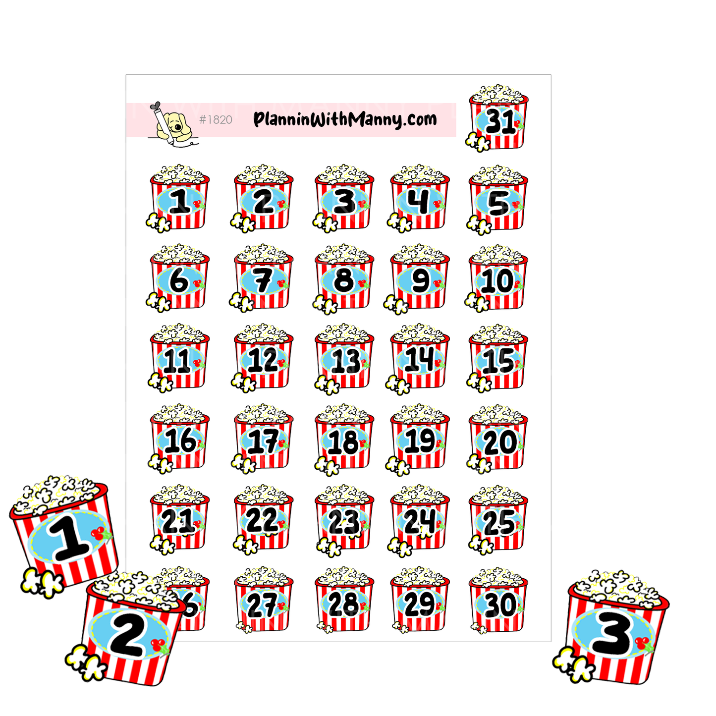 1820 Holiday Popcorn Bucket Number Planner Stickers