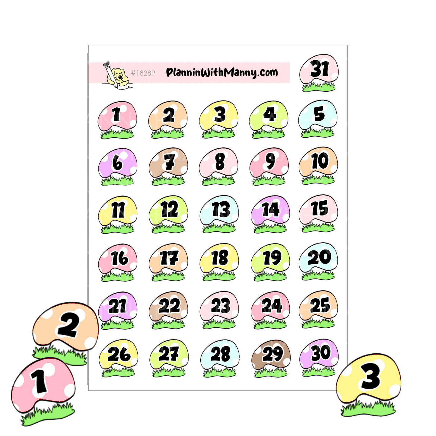 1825 Mushroom Number Planner Stickers- Red or Pastel