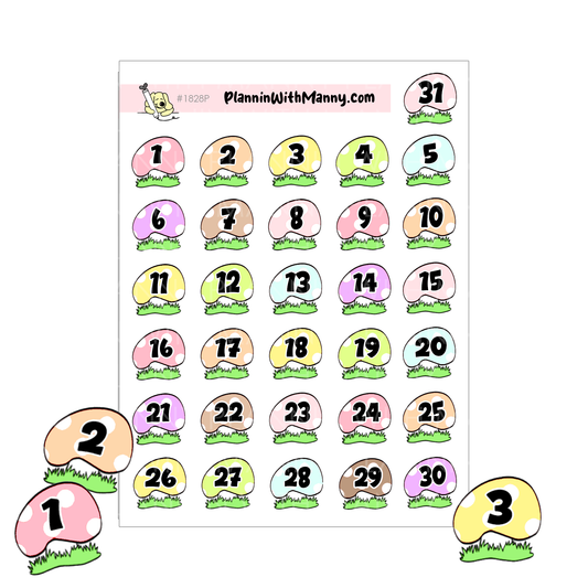 1825 Mushroom Number Planner Stickers- Red or Pastel