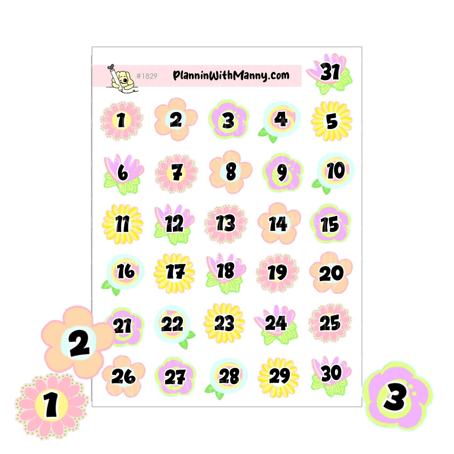 1829 Flower Number Planner Stickers