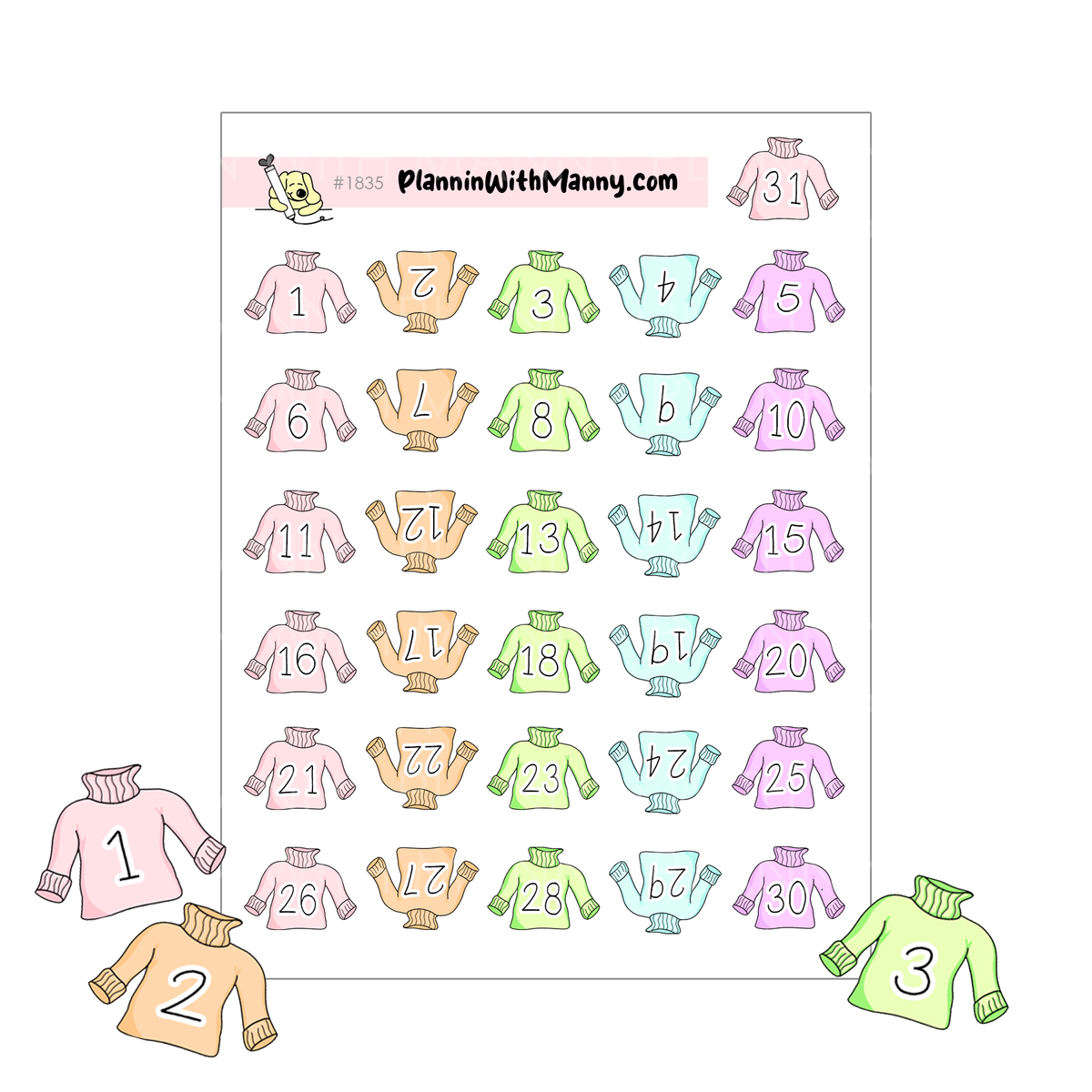 1835 Cozy Sweater Number Planner Sticker Sheet