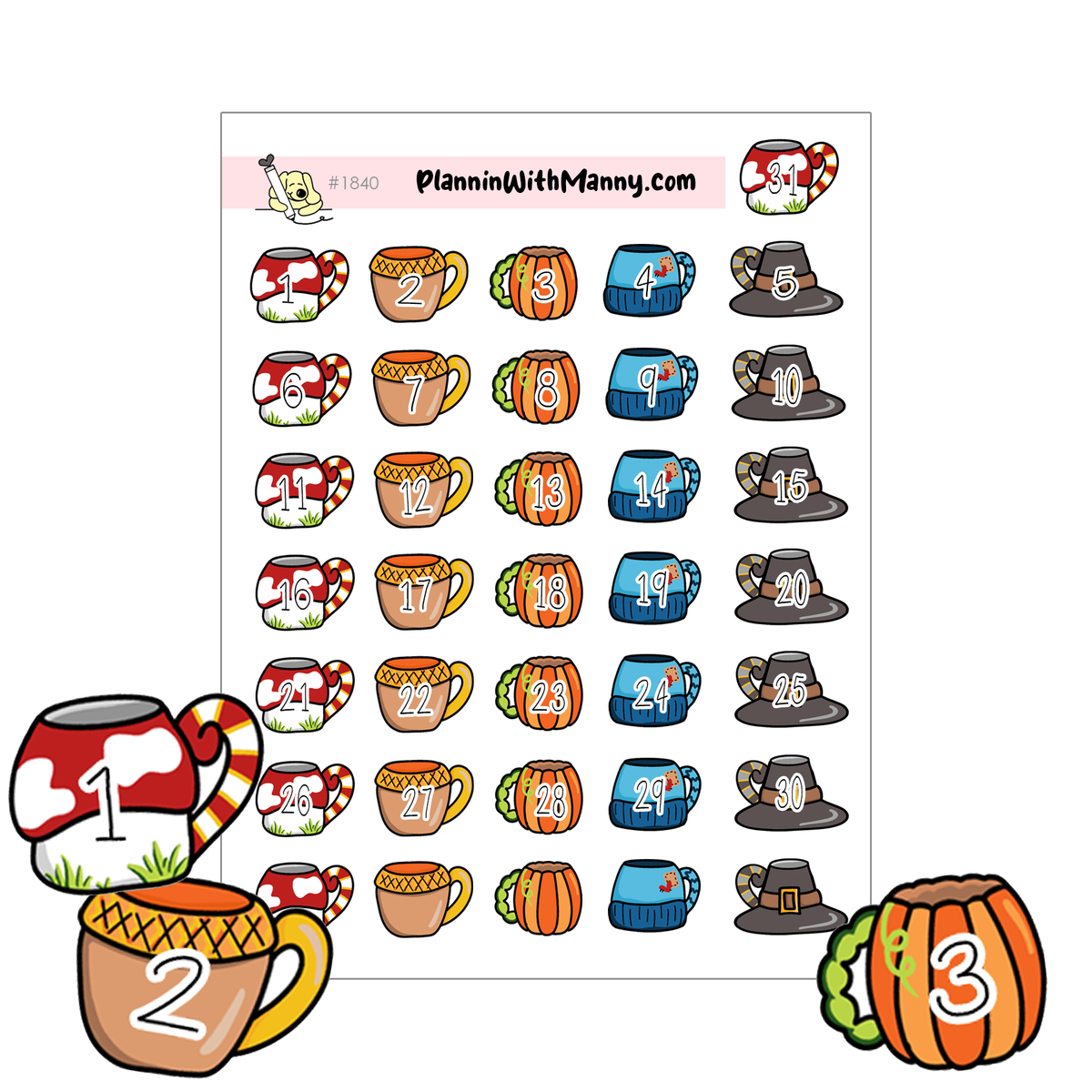 1840 Fall Mug Number Planner Stickers