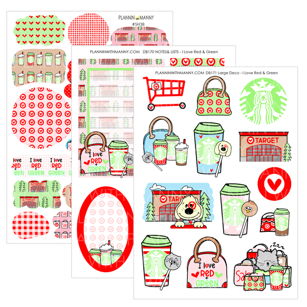 I Love Red & Green Sticker Sheet Set