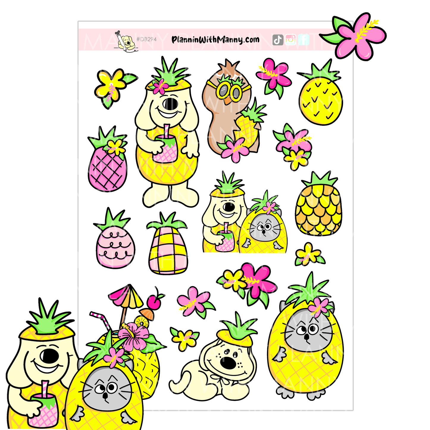 DB294 Pineapple Characters and Deco Large Sticker Sheet