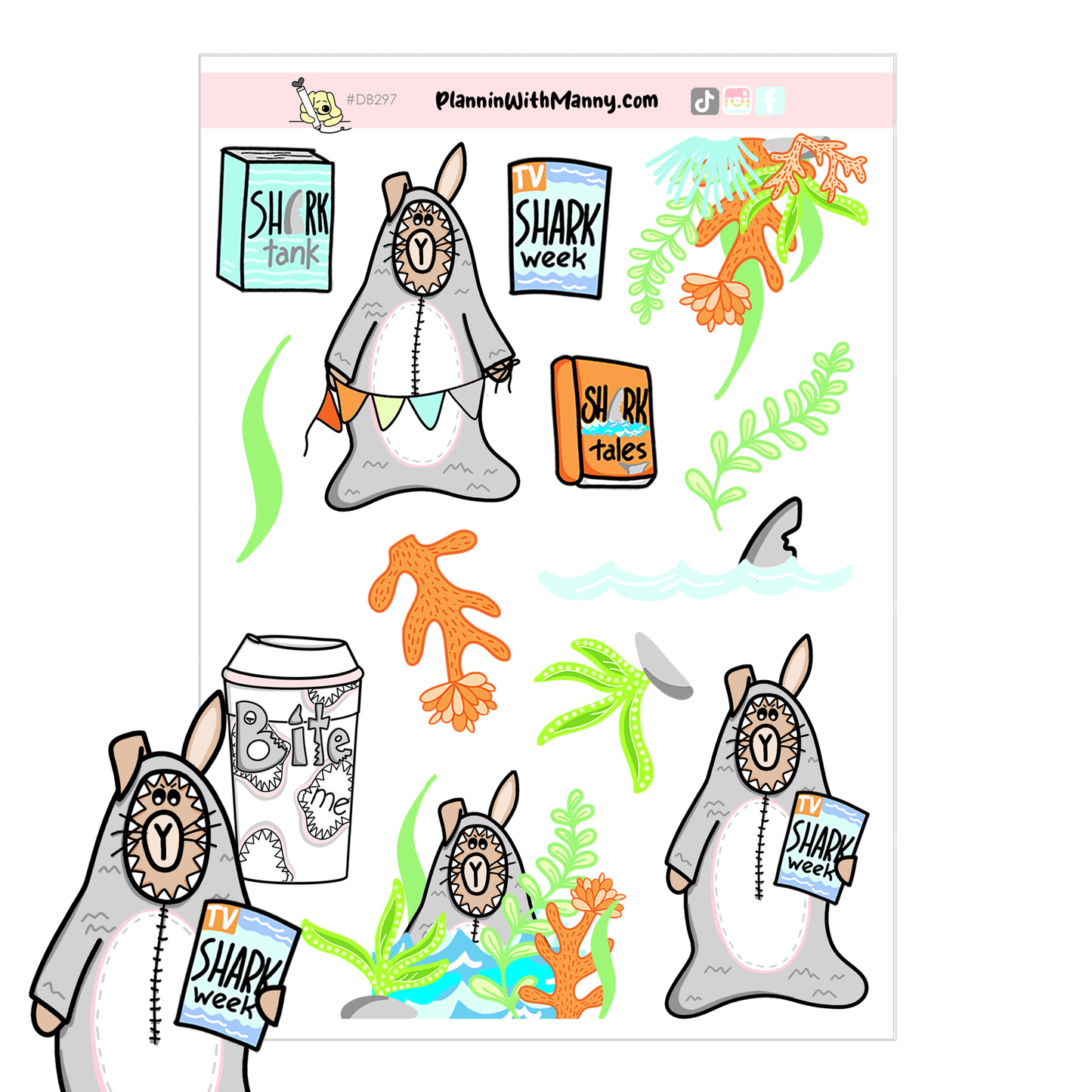 DB297 Cute Shark Stickers, Grumpy Buns is Feelin Sharky!