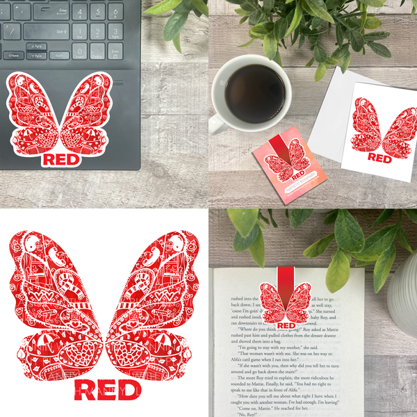 Red Era Butterfly Vinyl Sticker, Bookmark, and Notecard Options  MB138