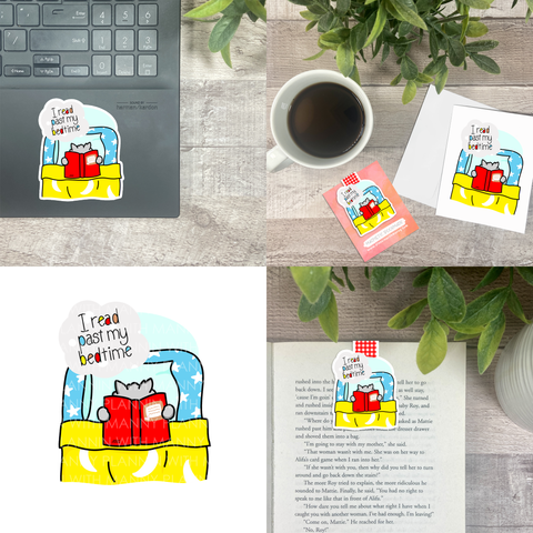 Owen is Reading Past His Bedtime Again! Vinyl Sticker, Magnetic Bookmark, & Notecard MB20
