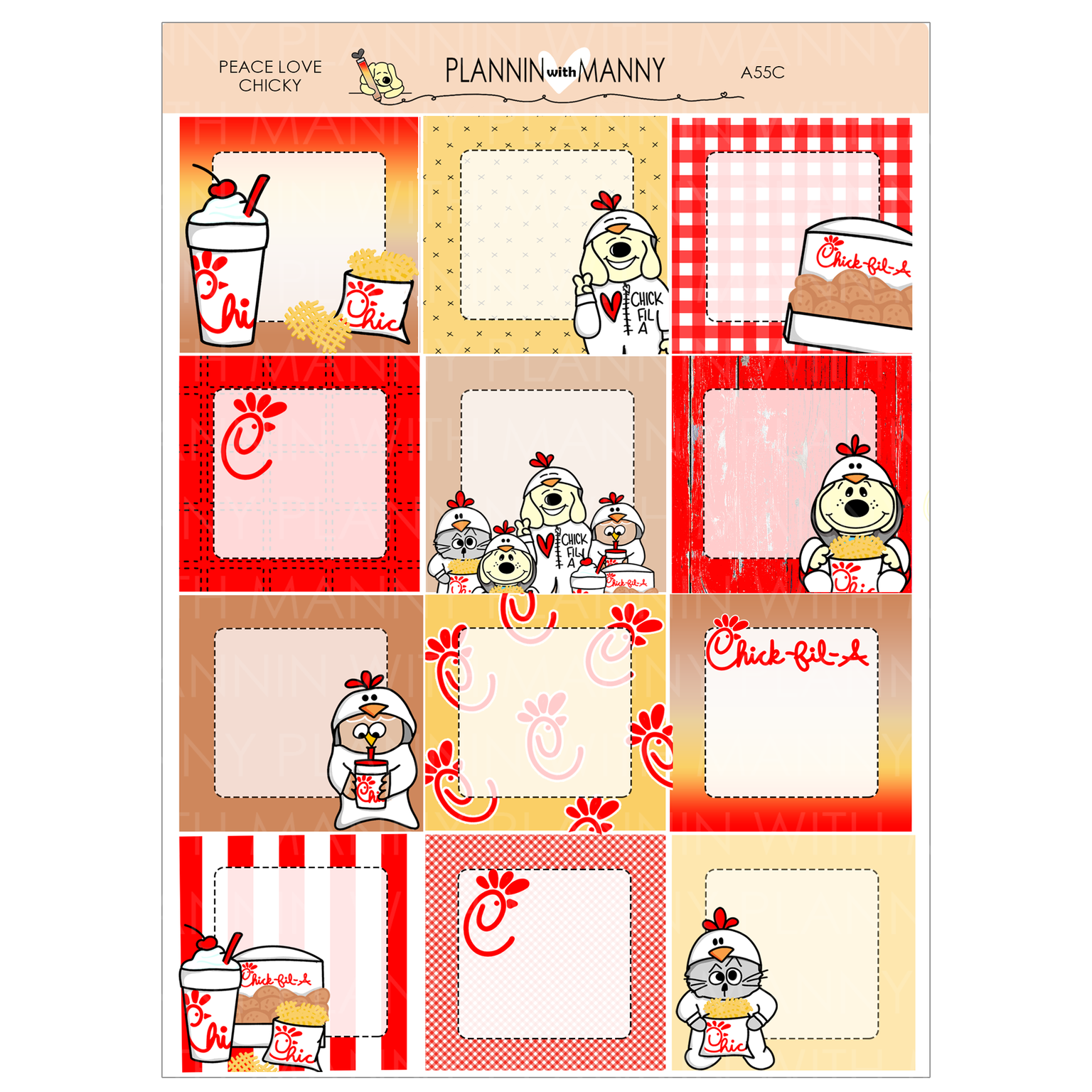 A55C Peace Love Chicky 1.5" Square Planner Stickers