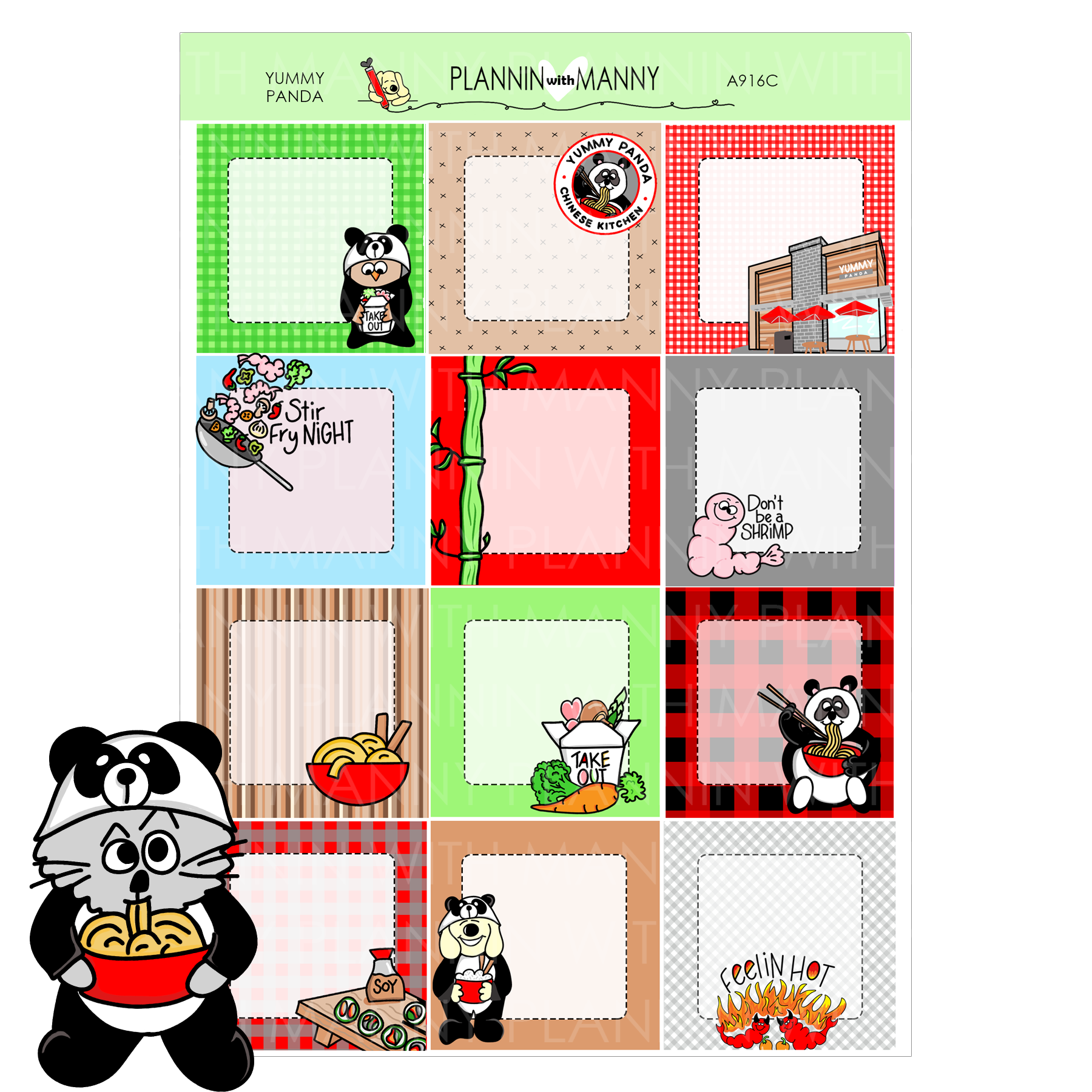 A916C Yummy Panda 1.5" Square Planner Stickers